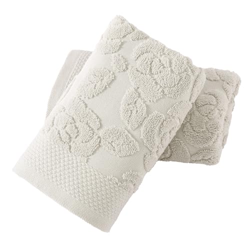 Rose Hand Towel Set of 2 Super Soft 100% Cotton Embossed Floral Pattern Highly Absorbent Decorative Bath Hand Towels for Bathroom 13x 29 Inch