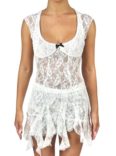 Women Y2K Lace 2 Piece Skirt Set Floral Lace Fitted Crop Cami Top See Through Low Waist Skirt Outfit Streetwear