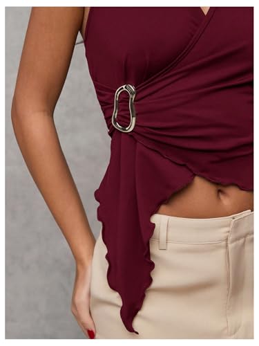 Women's Wrap V Neck Buckle Halter Top Ruched Asymmetrical Sleeveless Tops