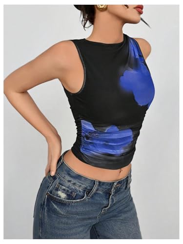 Women's Flower Print Mesh Top Sleeveless Mock Neck Ruched Tank Tops