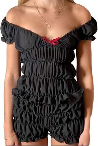 Women's Sexy Ruffle 2 Piece Sets Short Sleeve Bow Tie Front Crop Tops and Smocked Ruched Shorts Loungewear