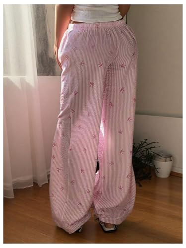 Women's Plus Size Striped Bow Print Pants Drawstring Waist Wide Leg Pants
