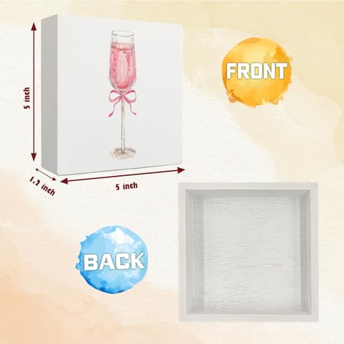 Coquette Pink Bow Champagne Wooden Box Sign, 5x5 Inch