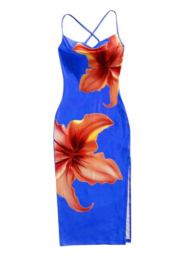 Women's Floral Print Split Thigh Bodycon Dress Criss Cross Skinny Long Cami Dresses