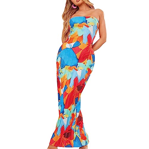 Women Y2k Floral Strapless Dress Sexy Backless Tube Maxi Dress Sleeveless Mesh Bodycon Long Dress