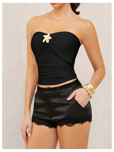 Women's Rhinestone 3D Floral Sleeveless Bandeau Ruched Strapless Tube Top