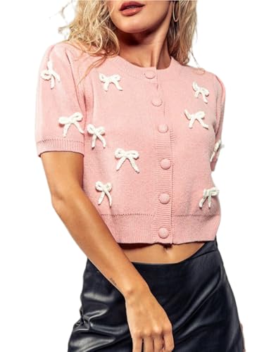 Women Short Sleeve Cardigans Cute Y2k Crop Tops Bow Tie Button Down Knitted Shirts Lightweight Cardigan Sweaters