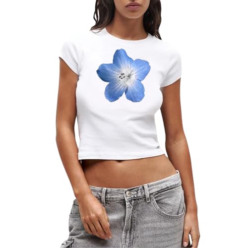 Women Hawaii Baby Tees Y2K Short Sleeve Crewneck Aesthetic Graphic Slim Fit Crop Tops