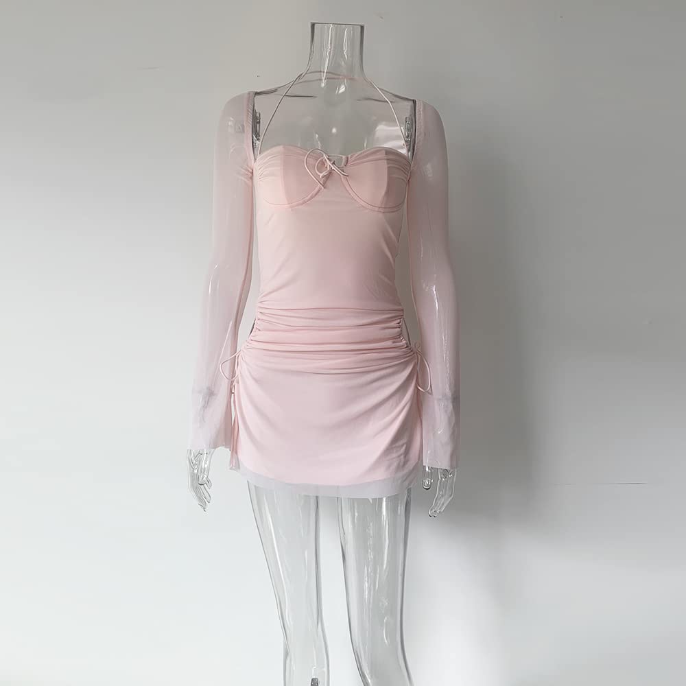 Women Long Puff Sleeve Mini Bodycon Split Hem Mesh Dress Party Dress