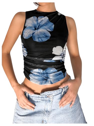 Women's Flower Print Mesh Top Sleeveless Mock Neck Ruched Tank Tops