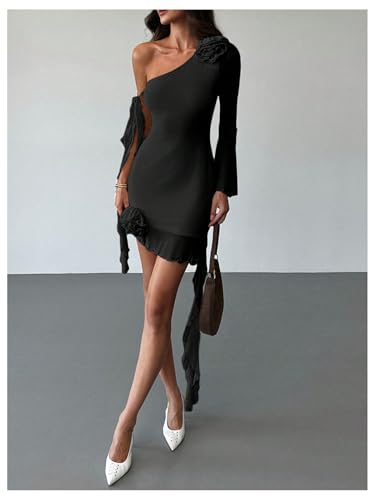 Women's 3D Floral Bodycon Mesh l Asymmetrical Long Sleeve Mini Dress