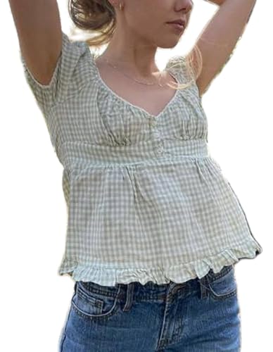 Y2K Short Sleeve Babydoll Tops for Women Cute Aesthetic U Neck Teen Girls Tshirt Ruffle Hem Patchwork Peplum Shirts