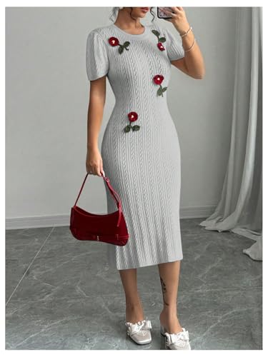 Women's 3D Flower Sweater Dress Crochet Short Sleeve Bodycon Mini Dresses