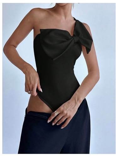 Women's One Shoulder Sleeveless Big Bow Front Elegant Fitted Tank Top Bodysuit