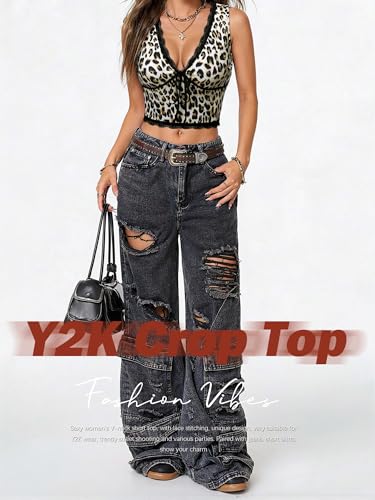 Womens Leopard Lace Trim Sexy Tank Tops Bow Tie Front Sleeveless Cheetah Print V Neck Tops Y2K Going Out Crop Top