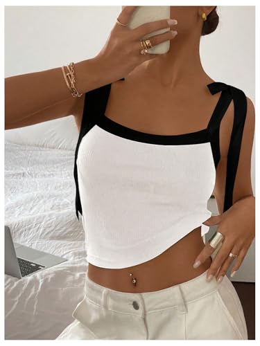 Women's Coquette Bow Tie Shoulder Tank Tops Backless Fitted Crop Tops