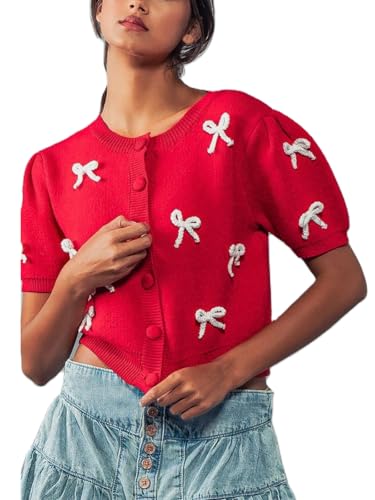 Women Short Sleeve Cardigans Cute Y2k Crop Tops Bow Tie Button Down Knitted Shirts Lightweight Cardigan Sweaters