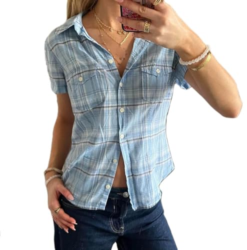 Y2k Fairy Plaid Button Down T Shirts Women Short Sleeve V Neck Aesthetic Tee Shirts Slim Fit Gingham Crop Top