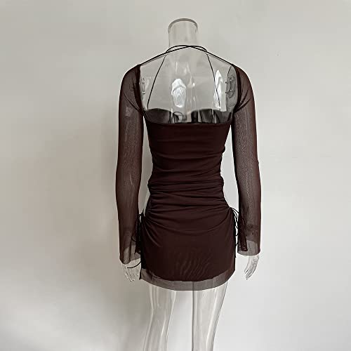 Women Long Puff Sleeve Mini Bodycon Split Hem Mesh Dress Party Dress