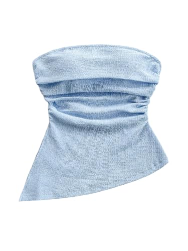 Women's Strapless Asymmetrical Tube Tops Sleeveless Ruched Crop Bandeau Summer Going Out Backless Top Dressy