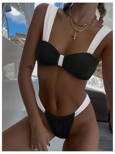 Women's Sexy 2 Piece Swimsuit Color Block Wide Strap Ruched Bikini Top and Thong Bikini Set