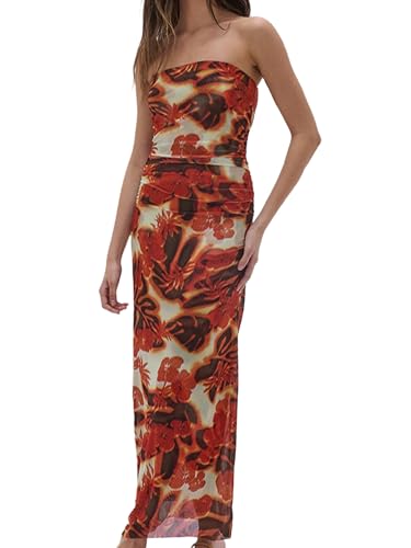 Women Floral Strapless Maxi Dress Sexy Bodycon Backless Tube Long Dress Summer Off Shoulder Cocktail Dresses