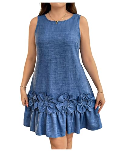 Women's Plus Size 3D Floral Round Neck Short Dress Ruffle Hem Sleeveless Tank Short Dress