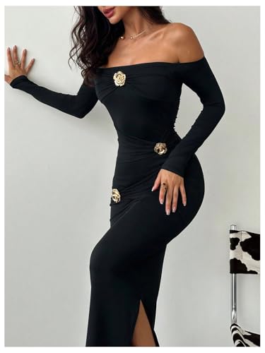 Women's Flower Off The Shoulder Bodycon Maxi Dress Long Sleeve Ruched Dresses Wedding Guest Going Out Dress