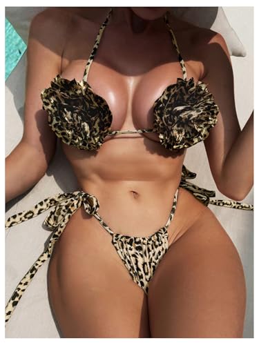 Women's Cheetah Print Bikini Sets 3D Flower Halter Tie Side Backless Beachwear Swimsuits