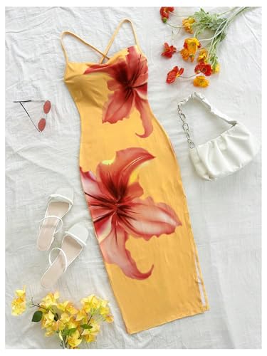 Women's Floral Print Split Thigh Bodycon Dress Criss Cross Skinny Long Cami Dresses