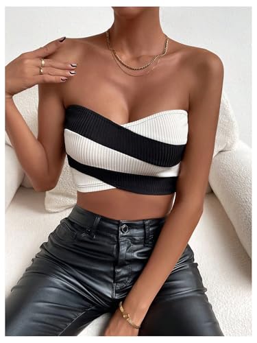 Women's Striped Criss Cross Strapless Tube Crop Top Sleeveless Ribbed Bandeau