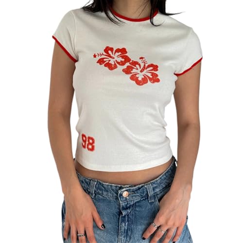 Women Hawaii Baby Tees Y2K Short Sleeve Crewneck Aesthetic Graphic Slim Fit Crop Tops