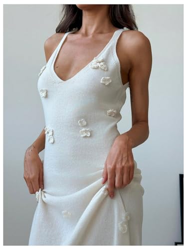 Women's Maxi Floral Appliques V Neck Sleeveless Summer Bodycon Dresses