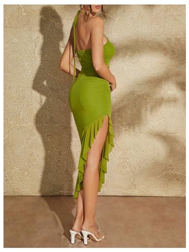 Women's 3D Floral Tie Back Halter Dress Ruffle Split Hem Bodycon Long Dresses