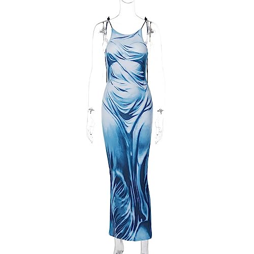 Women's Sexy Spaghetti Strap 3D Print Bodycon Maxi Dress Slim Fit Backless Summer Long Dresses