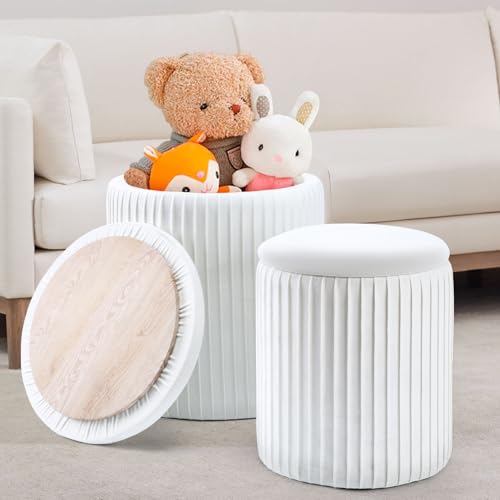 Set of 3 Velvet Round Storage Ottomans â€?Modern Upholstered Vanity Stool & Foot Rest with Hidden Storage