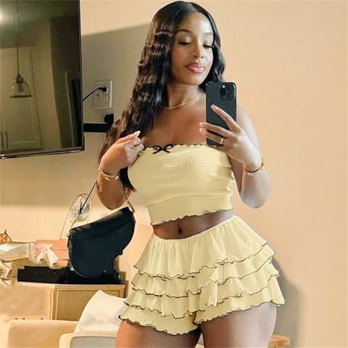 Women 2 Piece Skirt Sets Sexy Ruffle Ruched Tube Crop Tops Layer Pleated Flowy Mini Skort Skirts Y2K Clothes