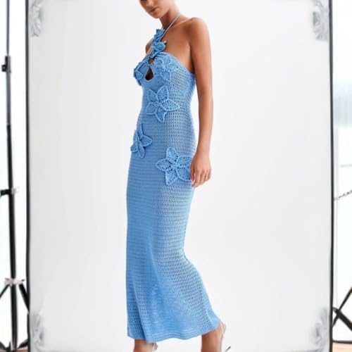 Women Halter Hollow Out Knitted Mini Dress Sexy Crochet 3D Flower Mini Dress