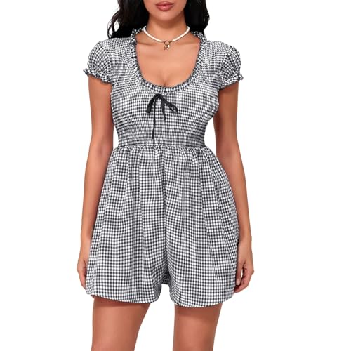 Women's Gingham Mini Dress Short Sleeve Bow Deep V Neck Smocked Waist Slim Fit Retro Plaid Dresses Y2k Sundress