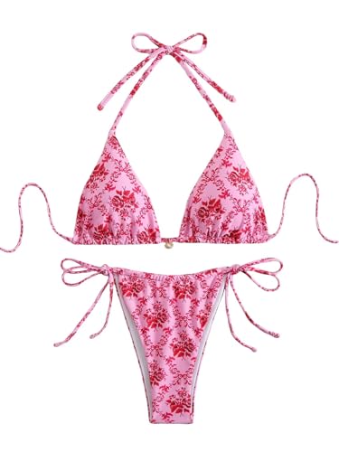 Women's Ditsy Floral Print Bathing Suit High Waisted Halter All Over Swimsuit Bikini Set