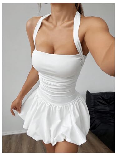 Women's Bubble Mini Dress Halter Backless Ruched Y2K Short Sundress with Built-in Shorts