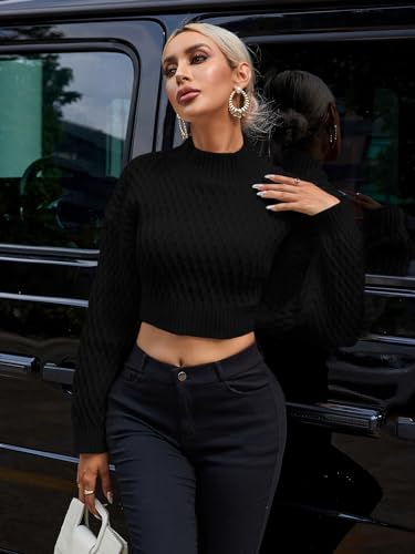 Women's Bow Open Back Sweater Top Trendy Long Sleeve Backless Drop Shoulder Mock Neck Cable Knit Sweaters