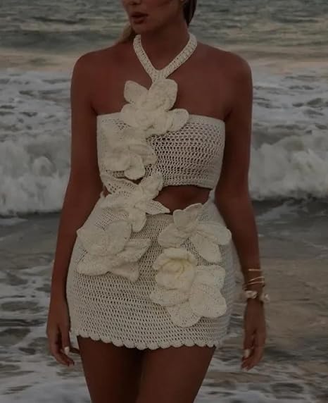 Women Halter Hollow Out Knitted Mini Dress Sexy Crochet 3D Flower Mini Dress