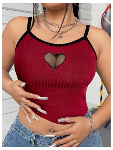 Women's Plus Size Cami Crop Tops Contrast Mesh Spaghetti Strap Summer Top