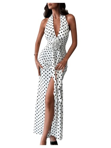 Women's Polka Dots Halter Dress High Split Deep V Neck Backless Bodycon Maxi 3D Flower Dresses