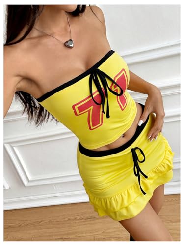 Women's Two Piece Outfit Number Print Strapless Tube Crop Tops and Ruffle Tiered Mini Skirt Set