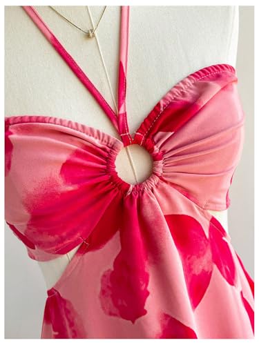 Women's Floral Halter Neck Vacation Dress Sleeveless Cut Out Boho Cami Dress