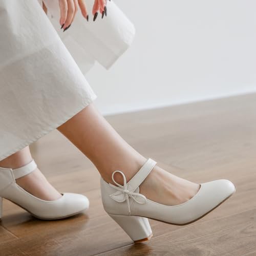 Women's Bow Mary Jane Dress Pumps Shoes Chunky Block High Heels Round Toe Shoes