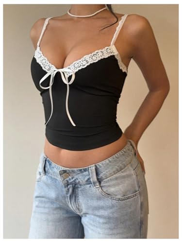 Women's Floral Lace V Neck Camisole Bow Spaghetti Strap Going Out Tank Crop Top