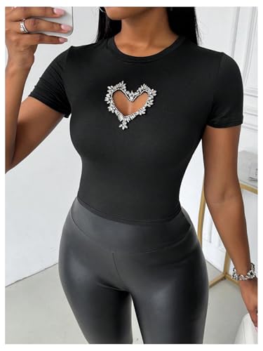 Women's Heart Rhinestone Cut Out Tee Shirts Casual Slim Fit Rib Knit Tops